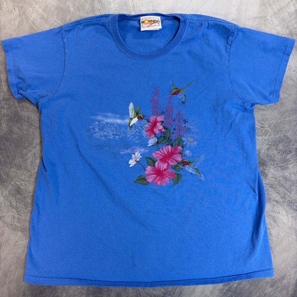 Vintage Morning Sun Graphic T-Shirt Womens M Blue Hummingbird Hibiscus Floral